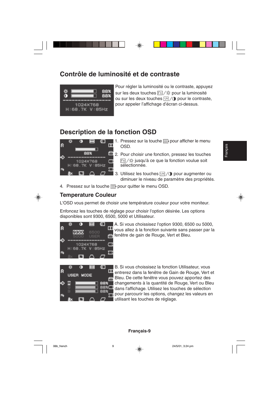 Contrôle de luminosité et de contraste, Description de la fonction osd, Temperature couleur | MITSUBISHI ELECTRIC M557 User Manual | Page 79 / 116