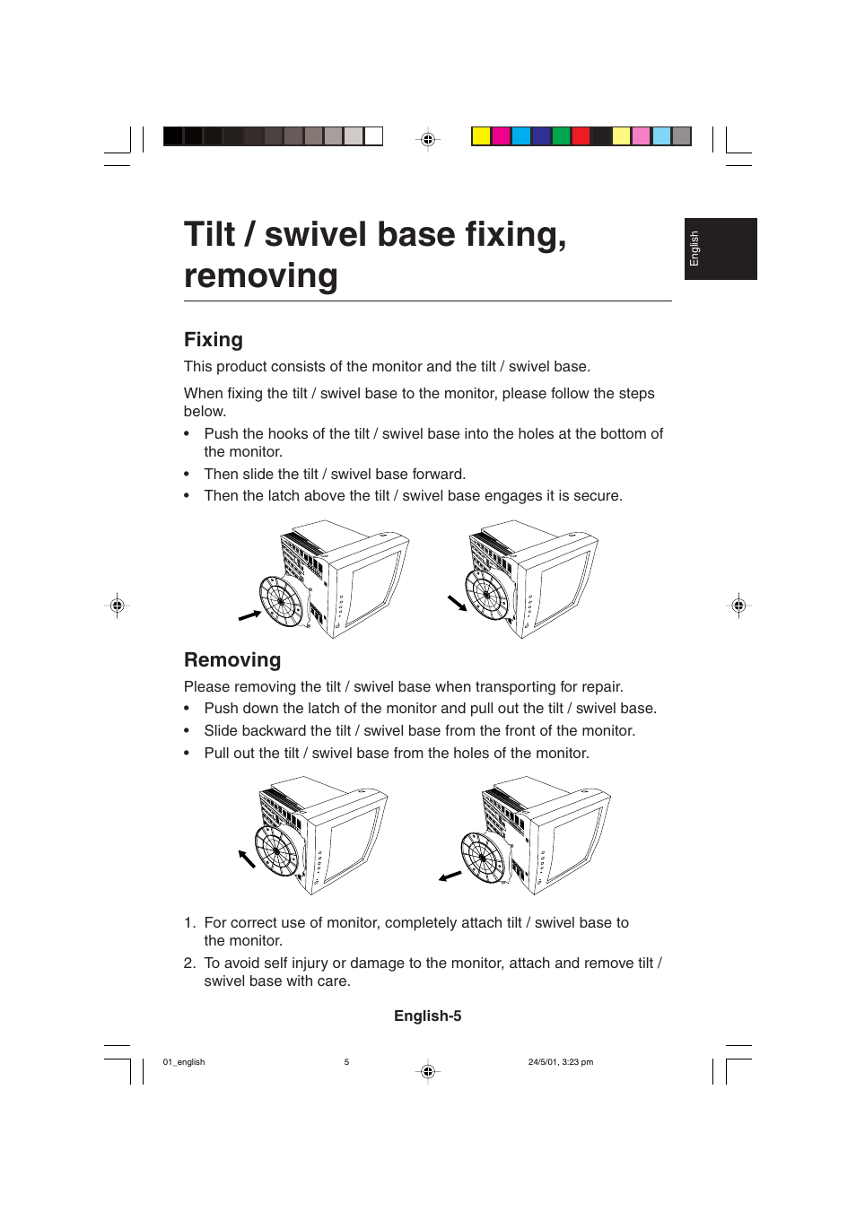 Tilt / swivel base fixing, removing, Fixing, Removing | MITSUBISHI ELECTRIC M557 User Manual | Page 9 / 116