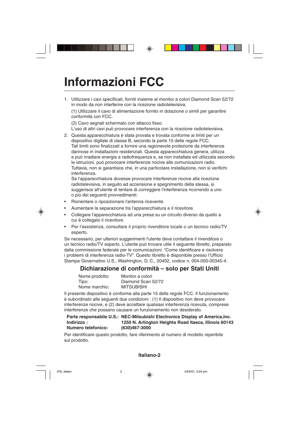 Informazioni fcc, Dichiarazione di conformità – solo per stati uniti | MITSUBISHI ELECTRIC M557 User Manual | Page 94 / 116