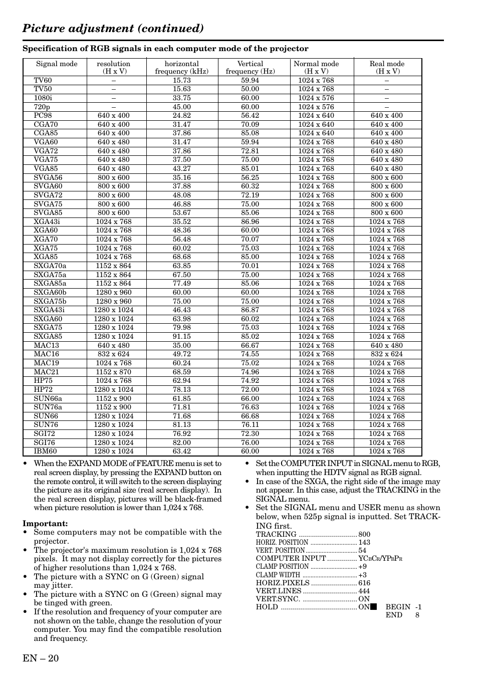 Picture adjustment (continued), En – 20 | MITSUBISHI ELECTRIC LVP-X400U User Manual | Page 20 / 29