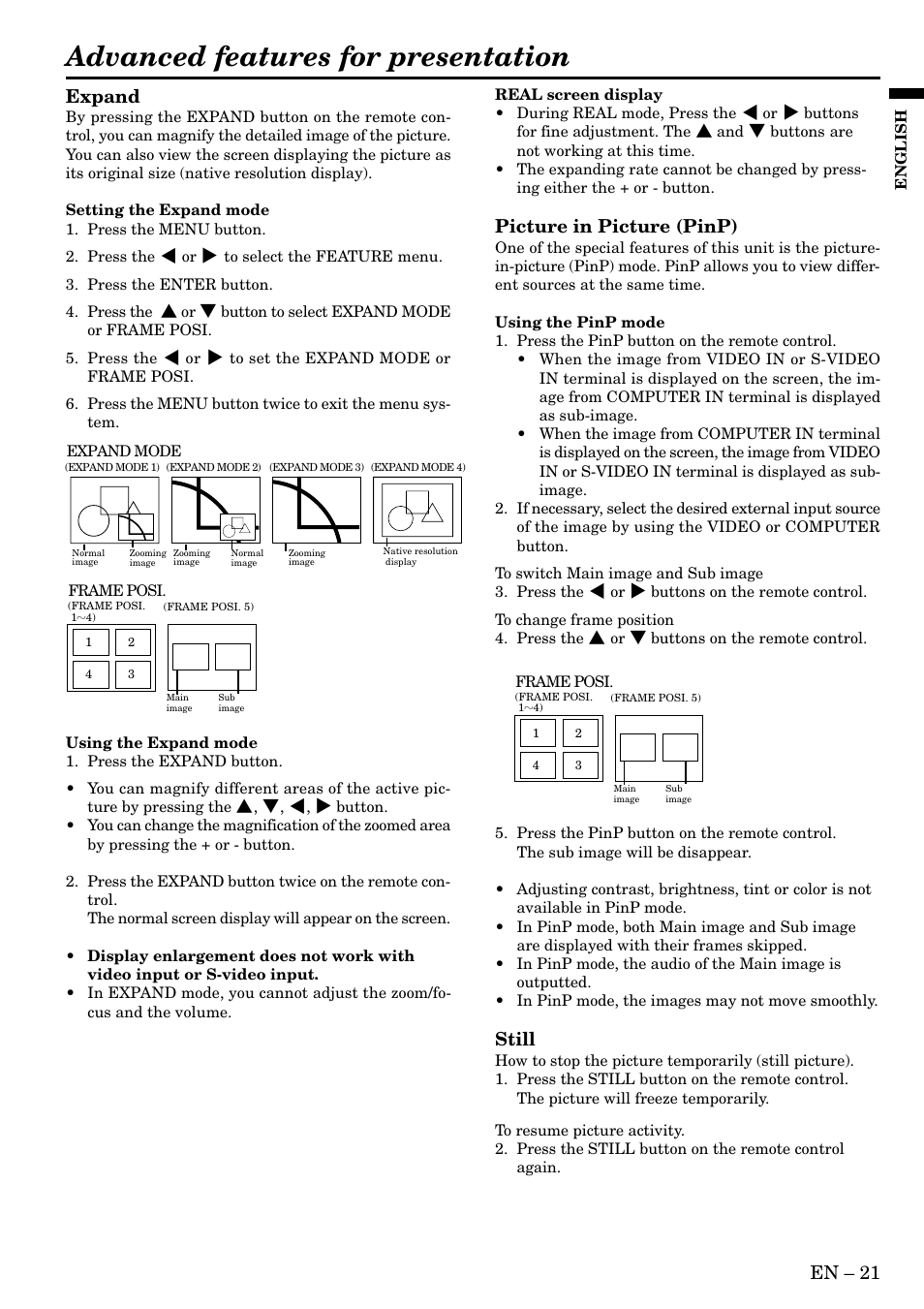 Advanced features for presentation, En – 21, Expand | Picture in picture (pinp), Still | MITSUBISHI ELECTRIC LVP-X400U User Manual | Page 21 / 29