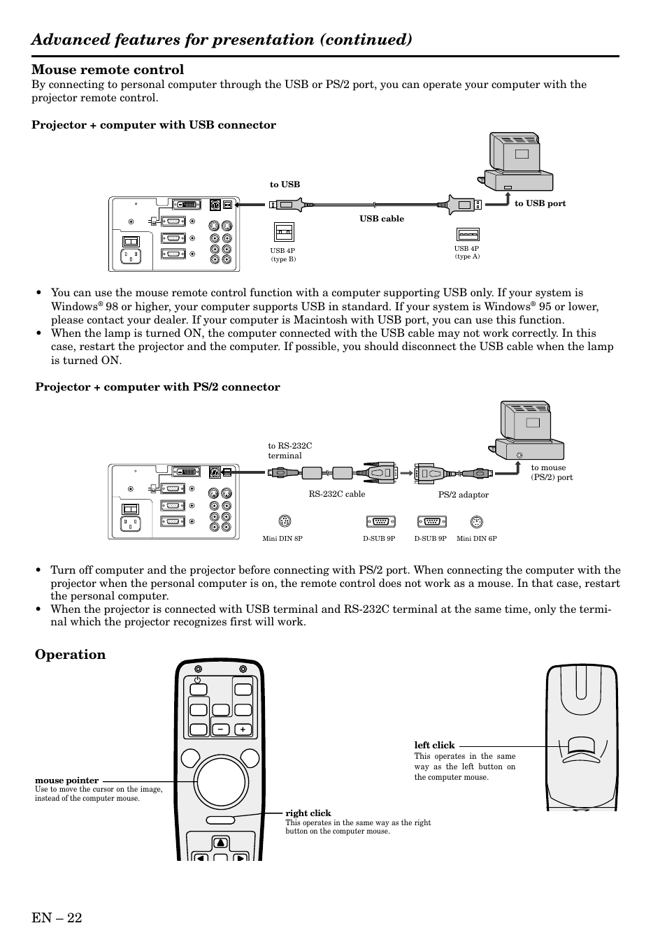 Advanced features for presentation (continued), En – 22 mouse remote control, Operation | Left click, Right click, Mouse pointer, Rs-232c cable | MITSUBISHI ELECTRIC LVP-X400U User Manual | Page 22 / 29