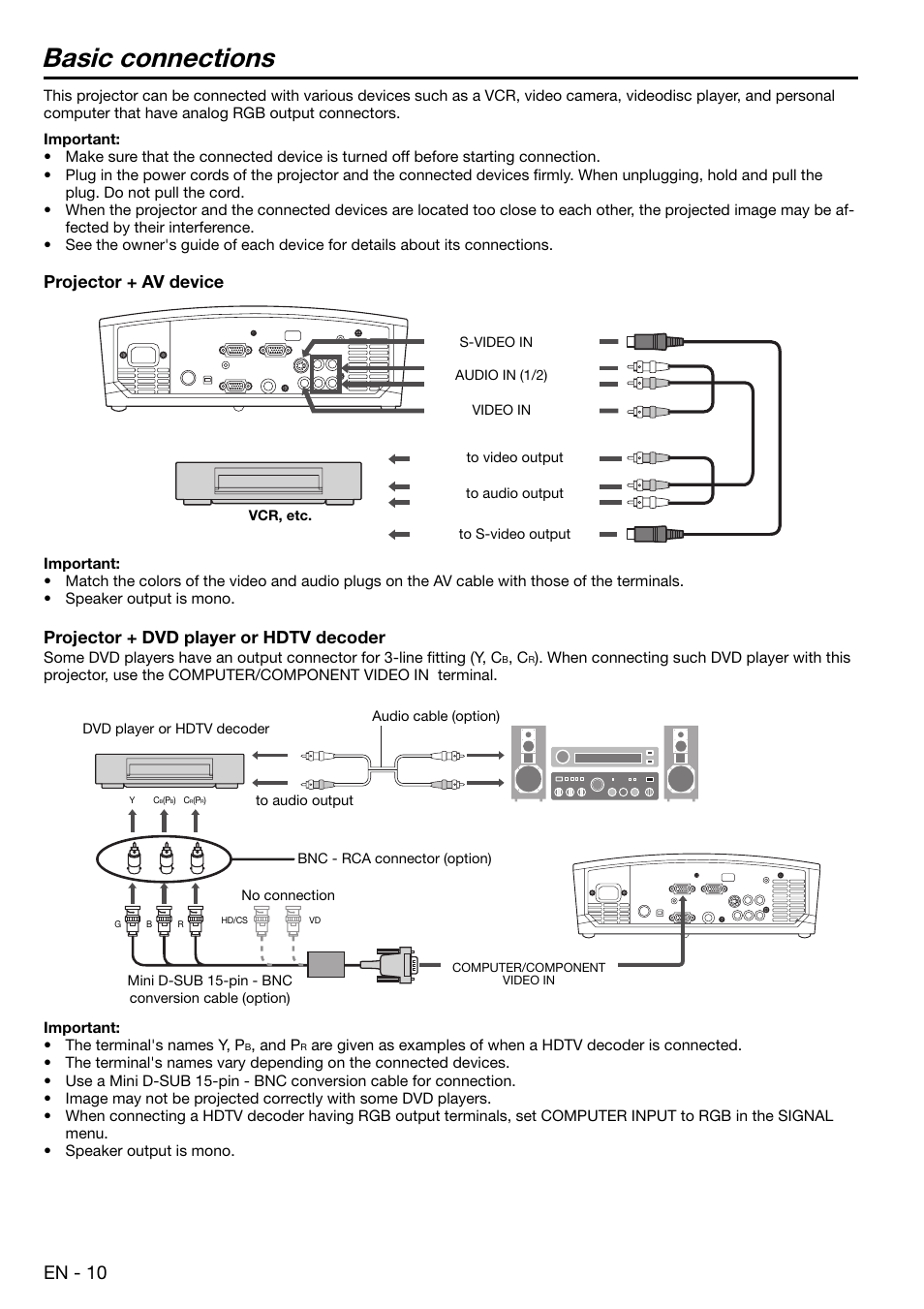 Basic connections, En - 10, Projector + av device | Projector + dvd player or hdtv decoder | MITSUBISHI ELECTRIC EX100 User Manual | Page 10 / 30