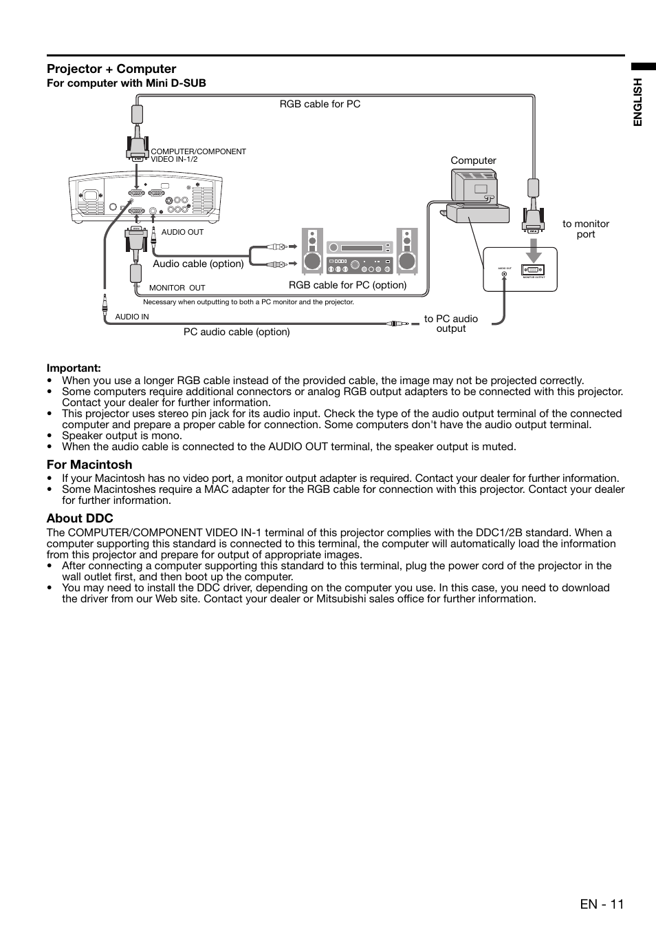 En - 11, Projector + computer, For macintosh | About ddc | MITSUBISHI ELECTRIC EX100 User Manual | Page 11 / 30