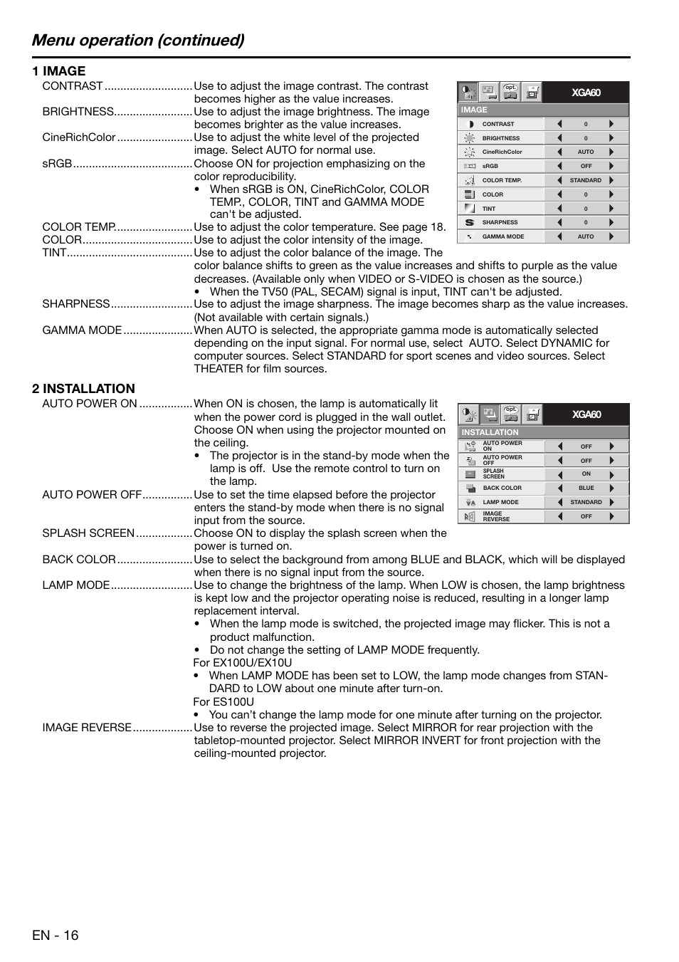 Menu operation (continued), En - 16, 1 image | 2 installation | MITSUBISHI ELECTRIC EX100 User Manual | Page 16 / 30