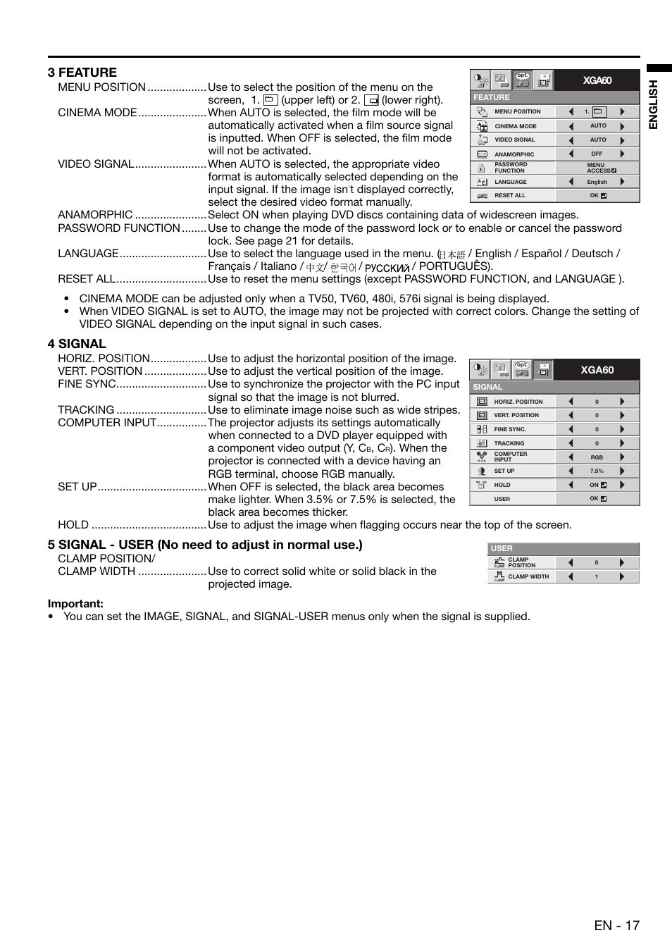 En - 17, 3 feature, 4 signal | 5 signal - user (no need to adjust in normal use.), English | MITSUBISHI ELECTRIC EX100 User Manual | Page 17 / 30