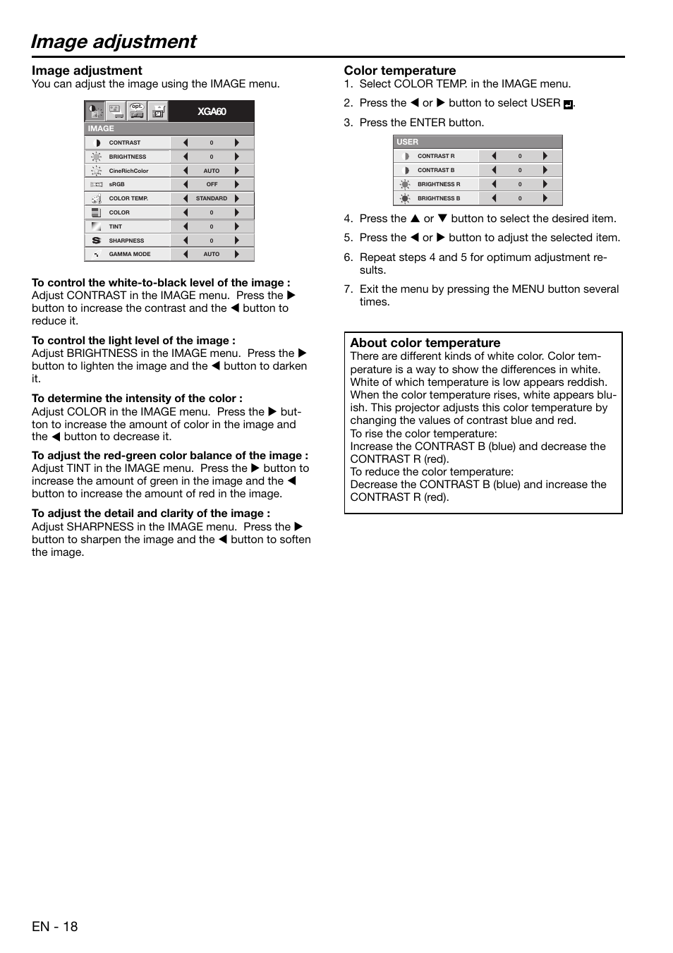 Image adjustment, En - 18, Color temperature | About color temperature | MITSUBISHI ELECTRIC EX100 User Manual | Page 18 / 30