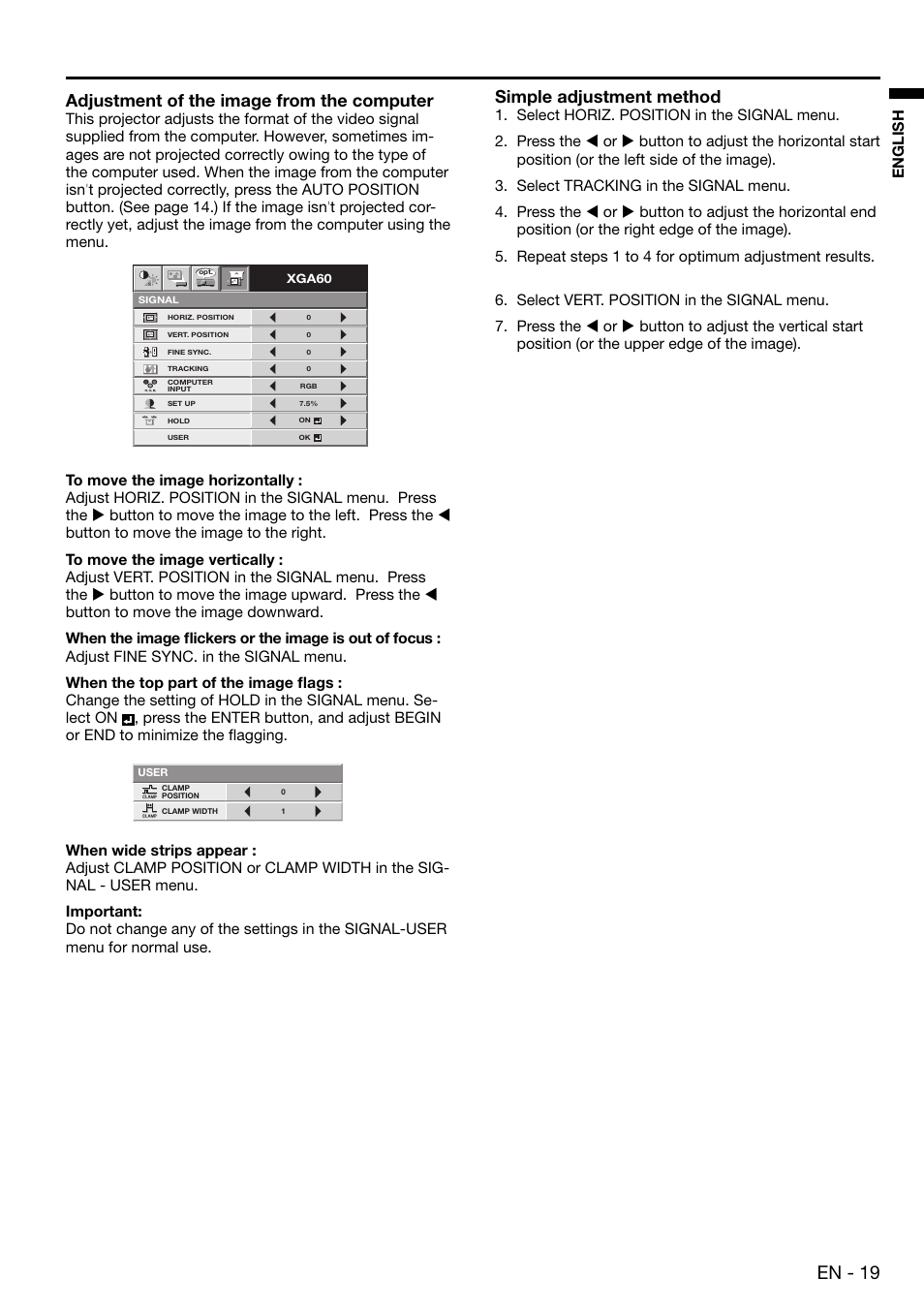 En - 19, Adjustment of the image from the computer, Simple adjustment method | English | MITSUBISHI ELECTRIC EX100 User Manual | Page 19 / 30