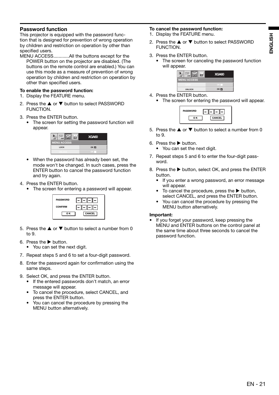 En - 21, Password function | MITSUBISHI ELECTRIC EX100 User Manual | Page 21 / 30