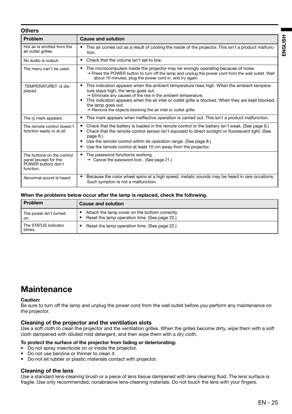 Maintenance, En - 25 | MITSUBISHI ELECTRIC EX100 User Manual | Page 25 / 30