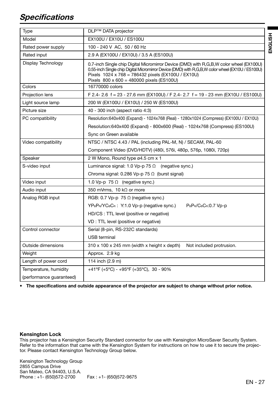 Specifi cations, En - 27 | MITSUBISHI ELECTRIC EX100 User Manual | Page 27 / 30