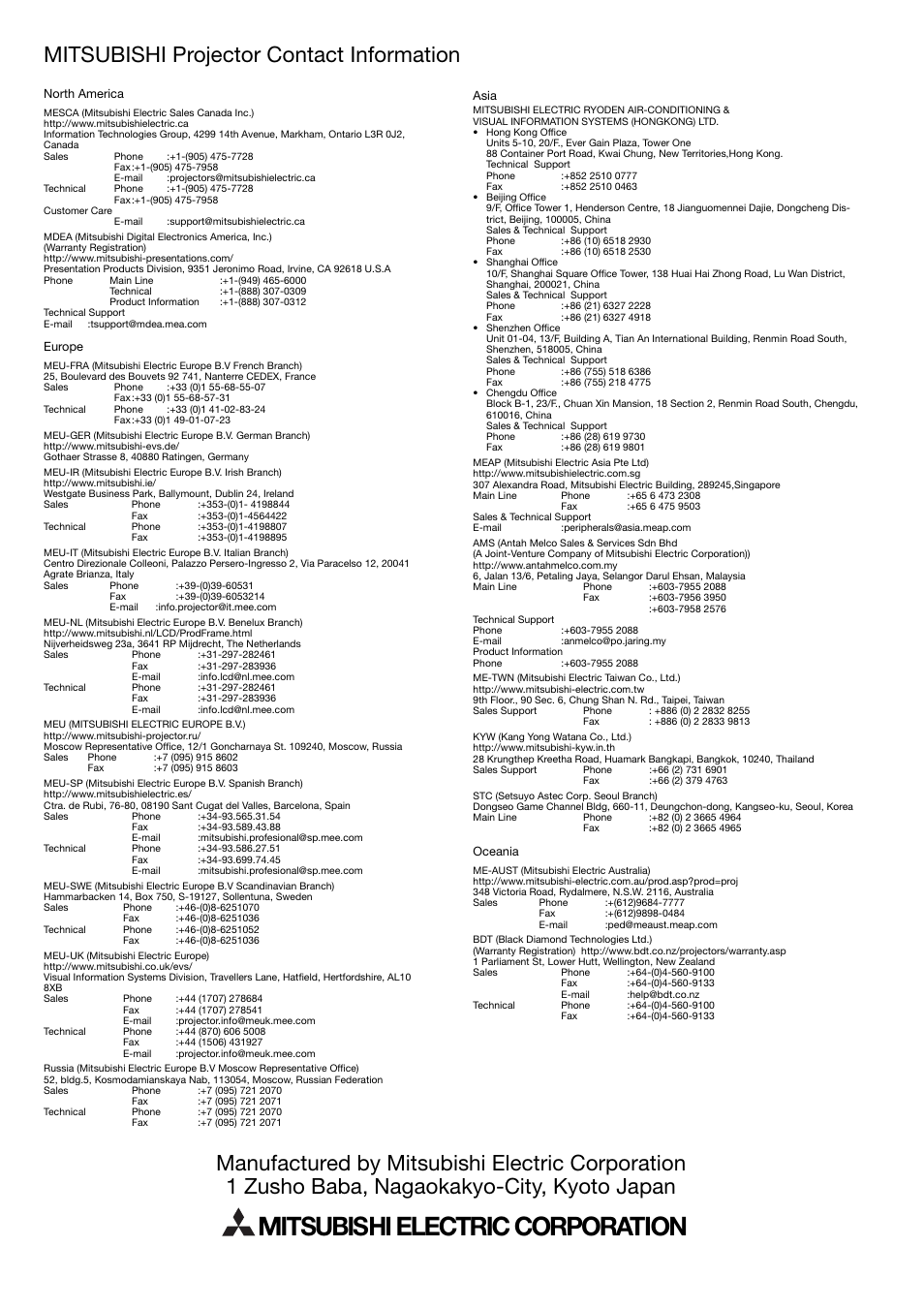 Mitsubishi electric corporation, Mitsubishi projector contact information | MITSUBISHI ELECTRIC EX100 User Manual | Page 30 / 30