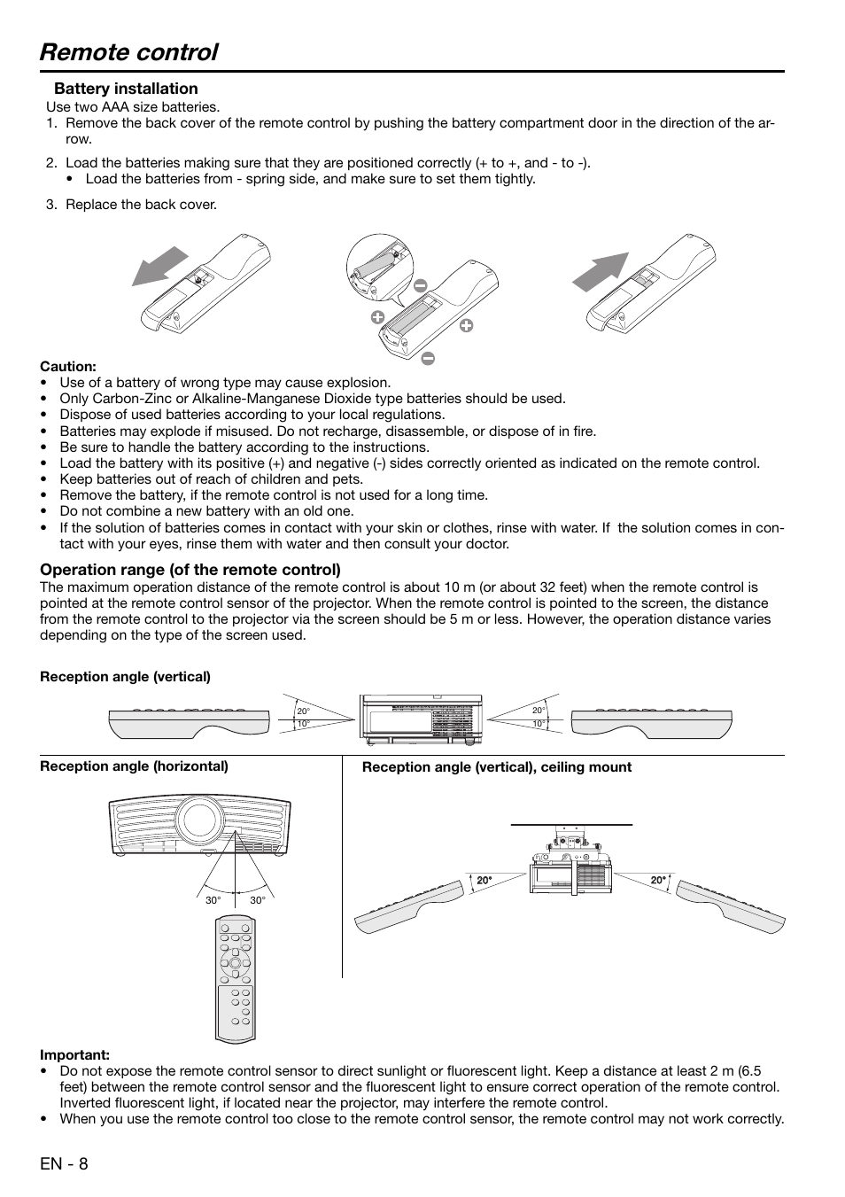 Remote control, En - 8, Battery installation | Operation range (of the remote control) | MITSUBISHI ELECTRIC EX100 User Manual | Page 8 / 30