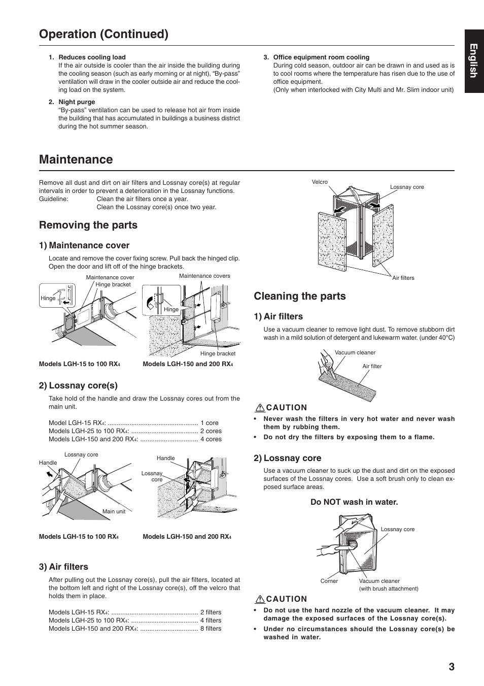 Maintenance, Operation (continued), Removing the parts | Cleaning the parts, English, 1) maintenance cover, 2) lossnay core(s), 3) air filters, 1) air filters, 2) lossnay core | MITSUBISHI ELECTRIC LOSSNAY LGH-15RX4-E User Manual | Page 3 / 4