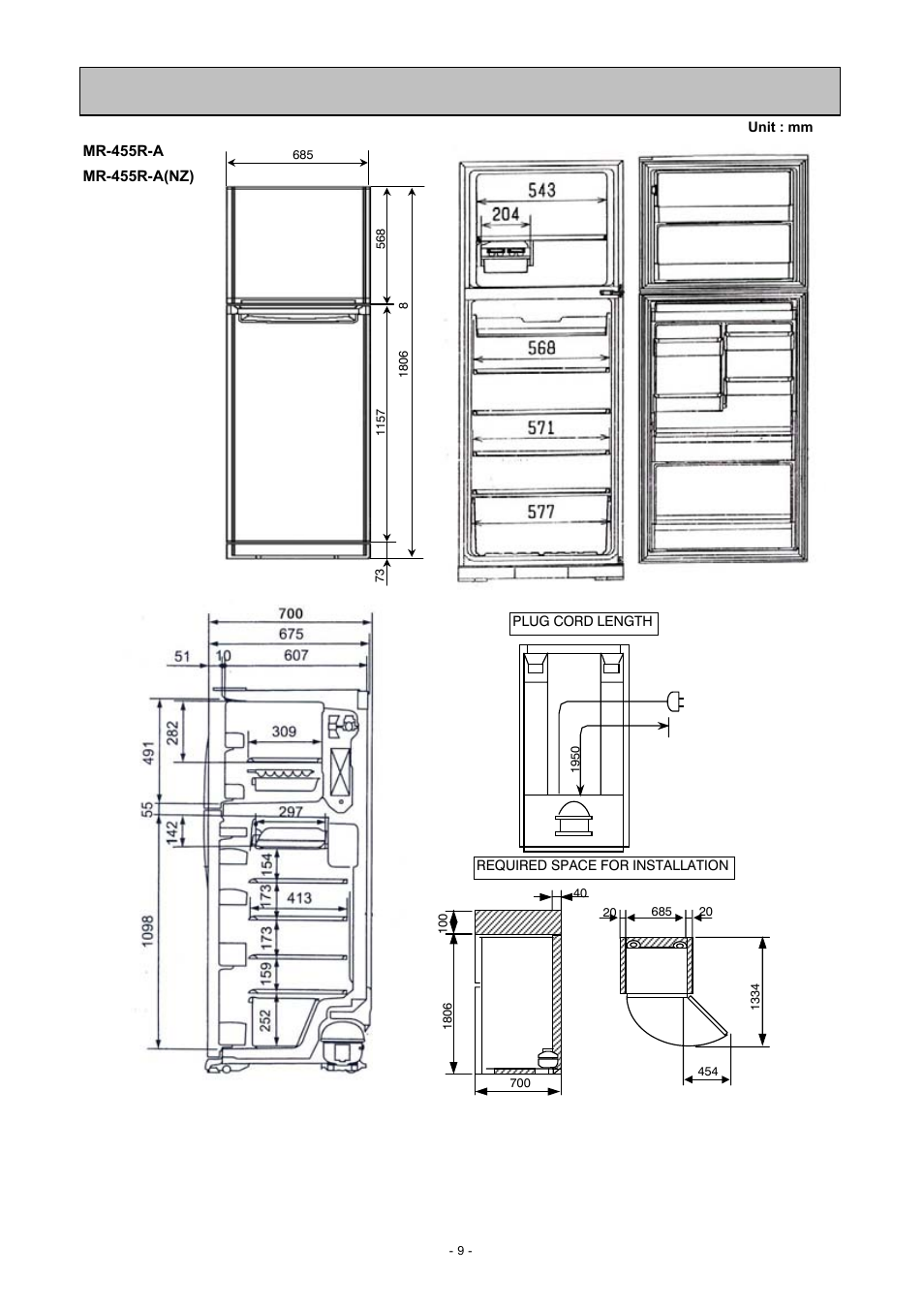 Unit : mm | MITSUBISHI ELECTRIC MR-455R-W-A(NZ) User Manual | Page 10 / 32