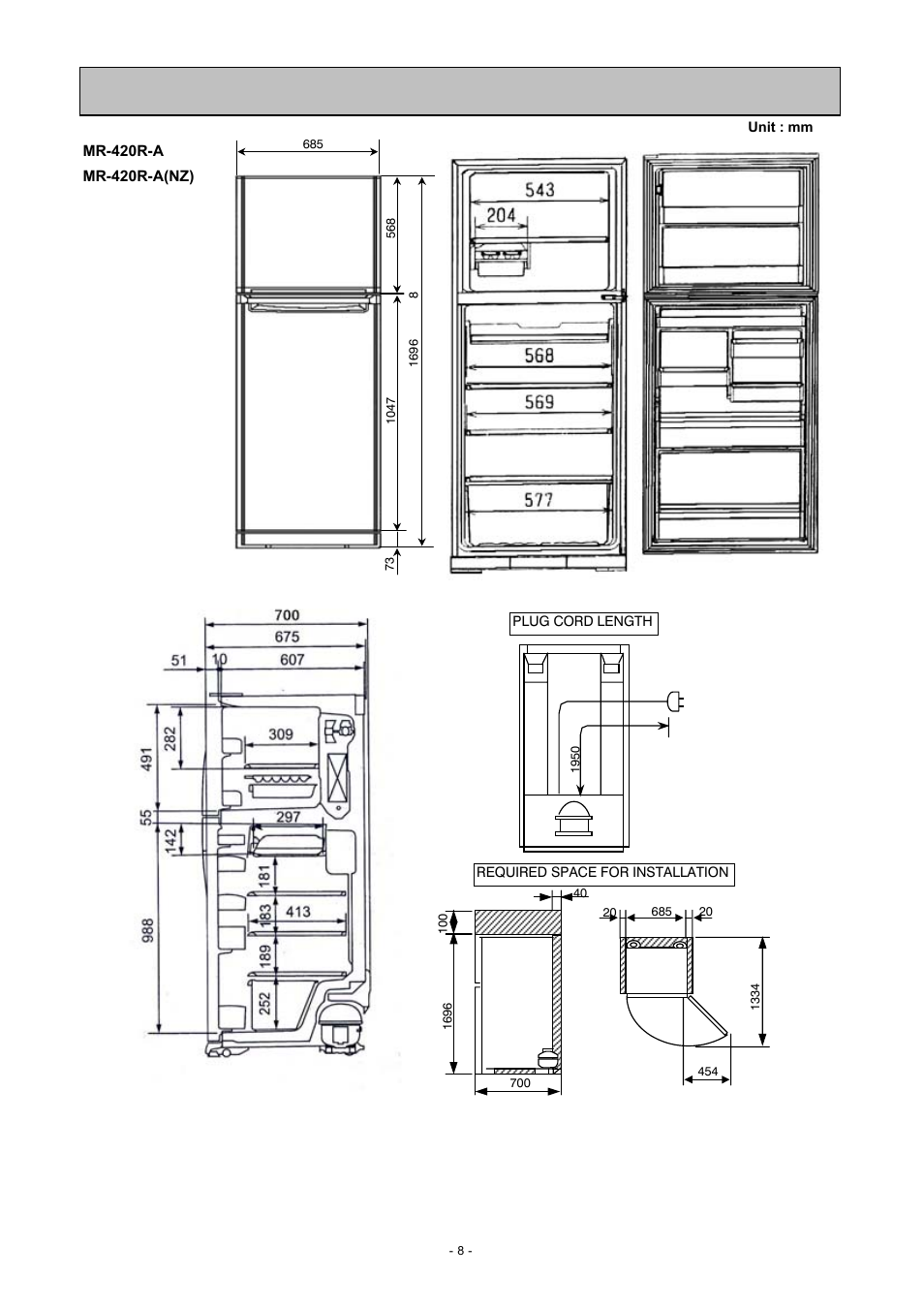 Unit : mm | MITSUBISHI ELECTRIC MR-455R-W-A(NZ) User Manual | Page 9 / 32