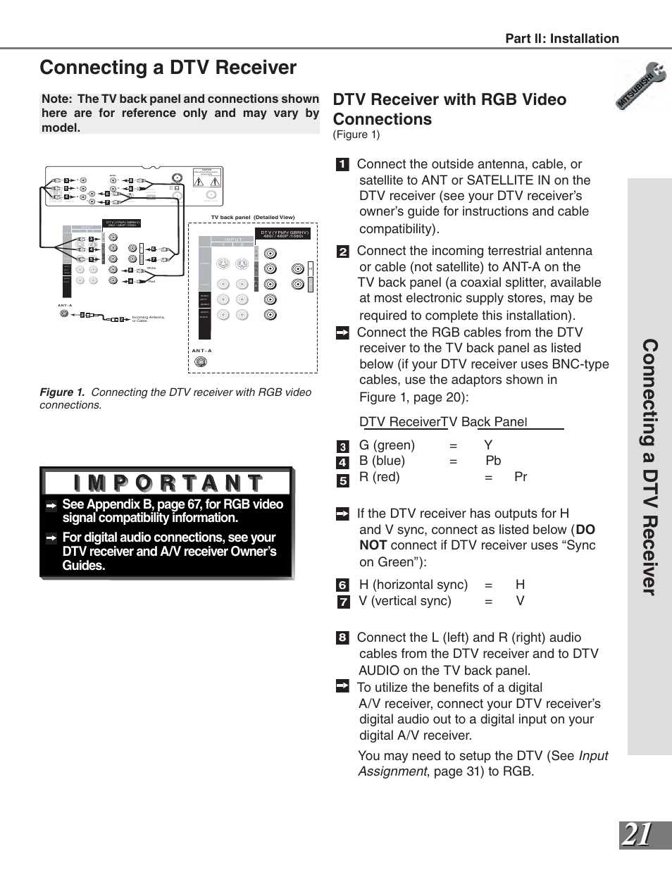 Dtv receiver with rgb video connections, Dtv receiver tv back pane, G (green) = y | B (blue) = pb, R (red) = pr, Part ll: installation | MITSUBISHI ELECTRIC VS-50111 User Manual | Page 21 / 79