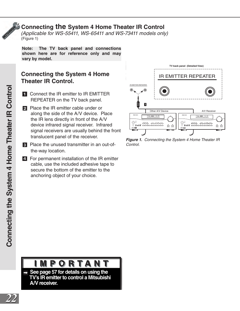 Connecting, System 4 home theater ir control, Connecting the system 4 home theater ir control | MITSUBISHI ELECTRIC VS-50111 User Manual | Page 22 / 79