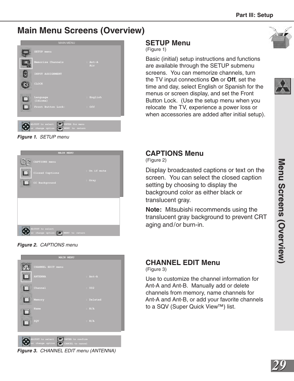 Main menu screens (overview), Men u s cr ee ns ( o ve rv ie w ), Setup menu | Captions menu, Channel edit menu | MITSUBISHI ELECTRIC VS-50111 User Manual | Page 29 / 79