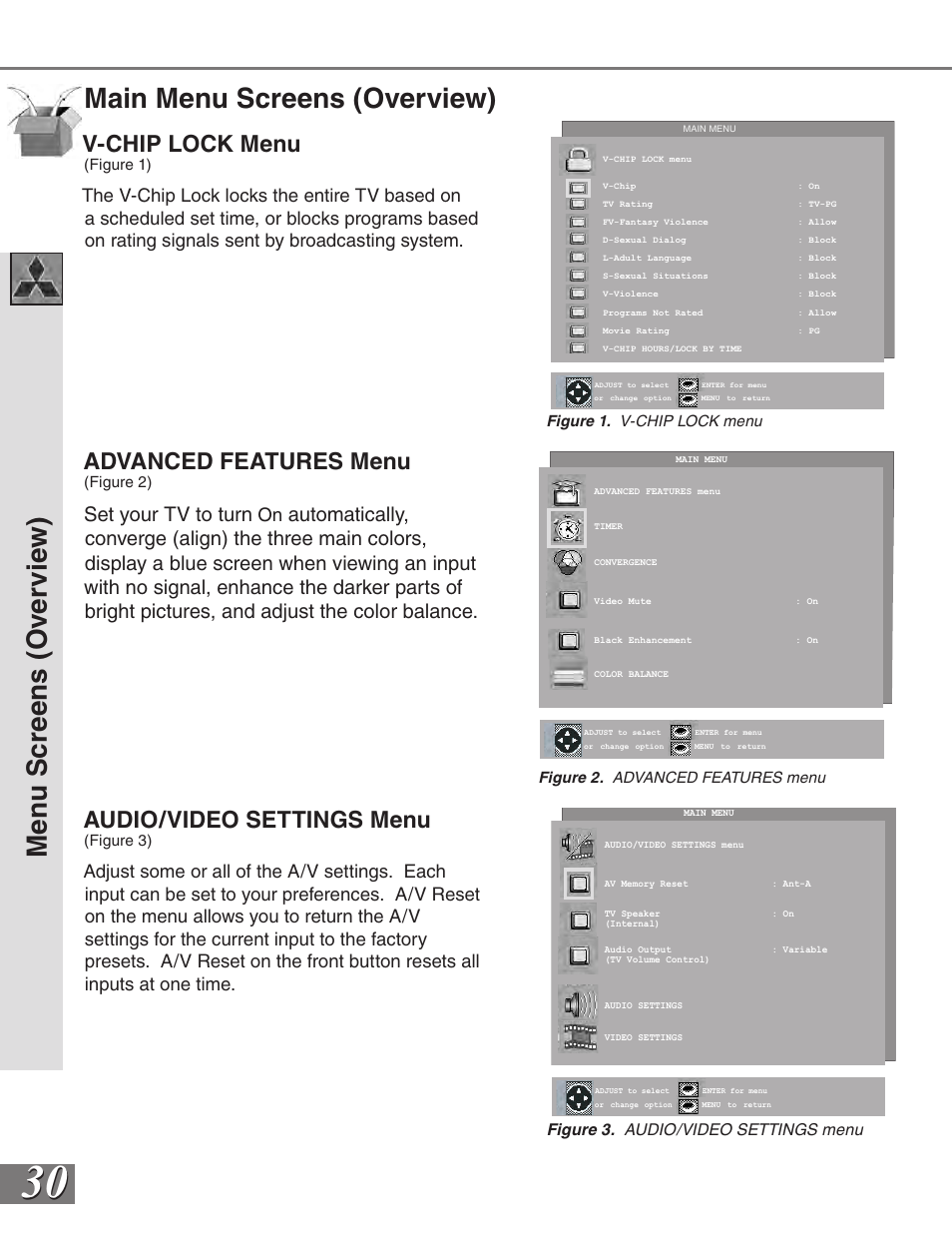 Main menu screens (overview), Men u s cr ee ns ( o ve rv ie w ), Advanced features menu | Audio/video settings menu, V-chip lock menu, Set your tv to turn | MITSUBISHI ELECTRIC VS-50111 User Manual | Page 30 / 79