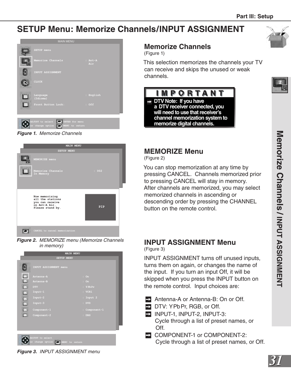 Mem or ize c ha nn els, Input assignment menu, Antenna-a or antenna-b: on or off | Dtv: ypbpr, rgb, or off | MITSUBISHI ELECTRIC VS-50111 User Manual | Page 31 / 79