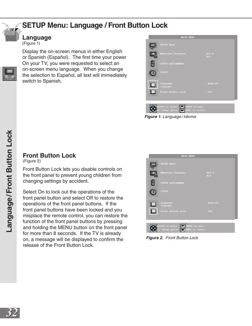 Setup menu: language / front button lock, Lan gu ag e /f ro nt b ut to n l oc k, Language | Front button lock | MITSUBISHI ELECTRIC VS-50111 User Manual | Page 32 / 79
