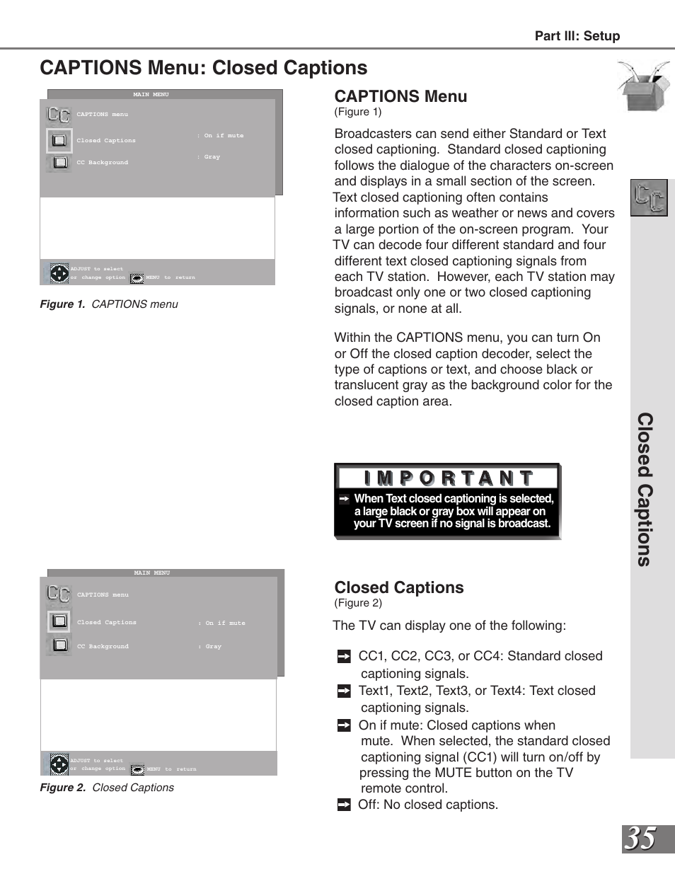 Captions menu: closed captions, Clo se d c ap tio ns, Captions menu | Closed captions | MITSUBISHI ELECTRIC VS-50111 User Manual | Page 35 / 79