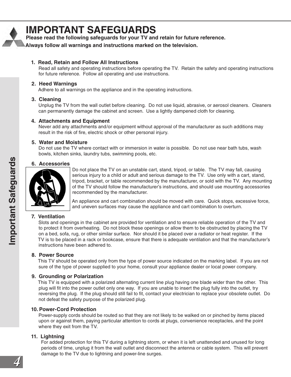 Important safeguards, Im po rt an t s af eg ua rd s | MITSUBISHI ELECTRIC VS-50111 User Manual | Page 4 / 79
