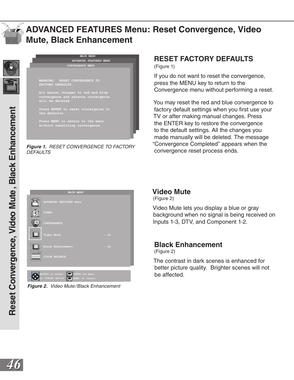 Video mute, Black enhancement, Reset factory defaults | MITSUBISHI ELECTRIC VS-50111 User Manual | Page 46 / 79