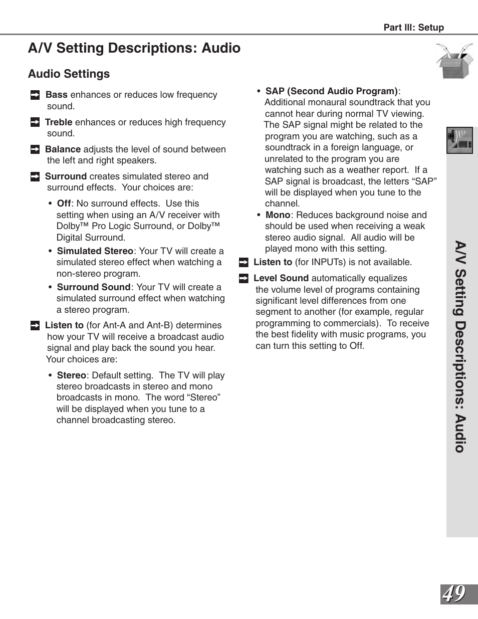 A/v setting descriptions: audio, A/v s ett in g d es cr ip tio ns : a ud io | MITSUBISHI ELECTRIC VS-50111 User Manual | Page 49 / 79