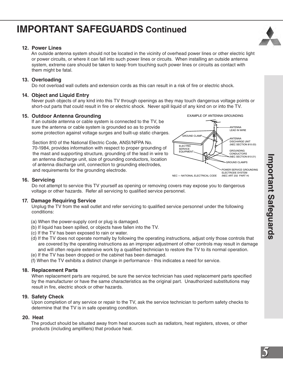 Important safeguards, Im po rta nt s afeg ua rd s, Continued | MITSUBISHI ELECTRIC VS-50111 User Manual | Page 5 / 79