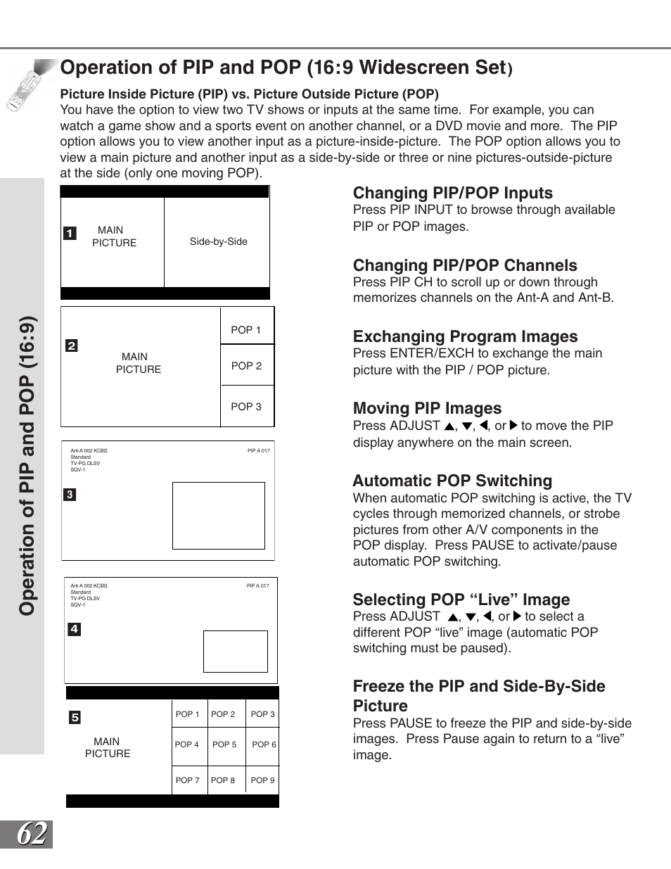 Operation of pip and pop (16:9 widescreen set, Changing pip/pop inputs, Changing pip/pop channels | Exchanging program images, Moving pip images, Automatic pop switching, Selecting pop “live” image, Freeze the pip and side-by-side picture | MITSUBISHI ELECTRIC VS-50111 User Manual | Page 62 / 79
