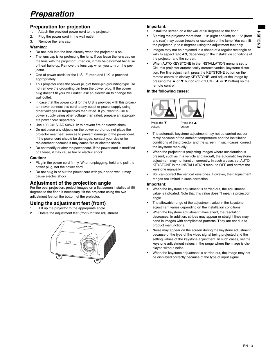 Preparation, Preparation for projection, Adjustment of the projection angle | Using the adjustment feet (front) | MITSUBISHI ELECTRIC XD250U-ST User Manual | Page 13 / 42