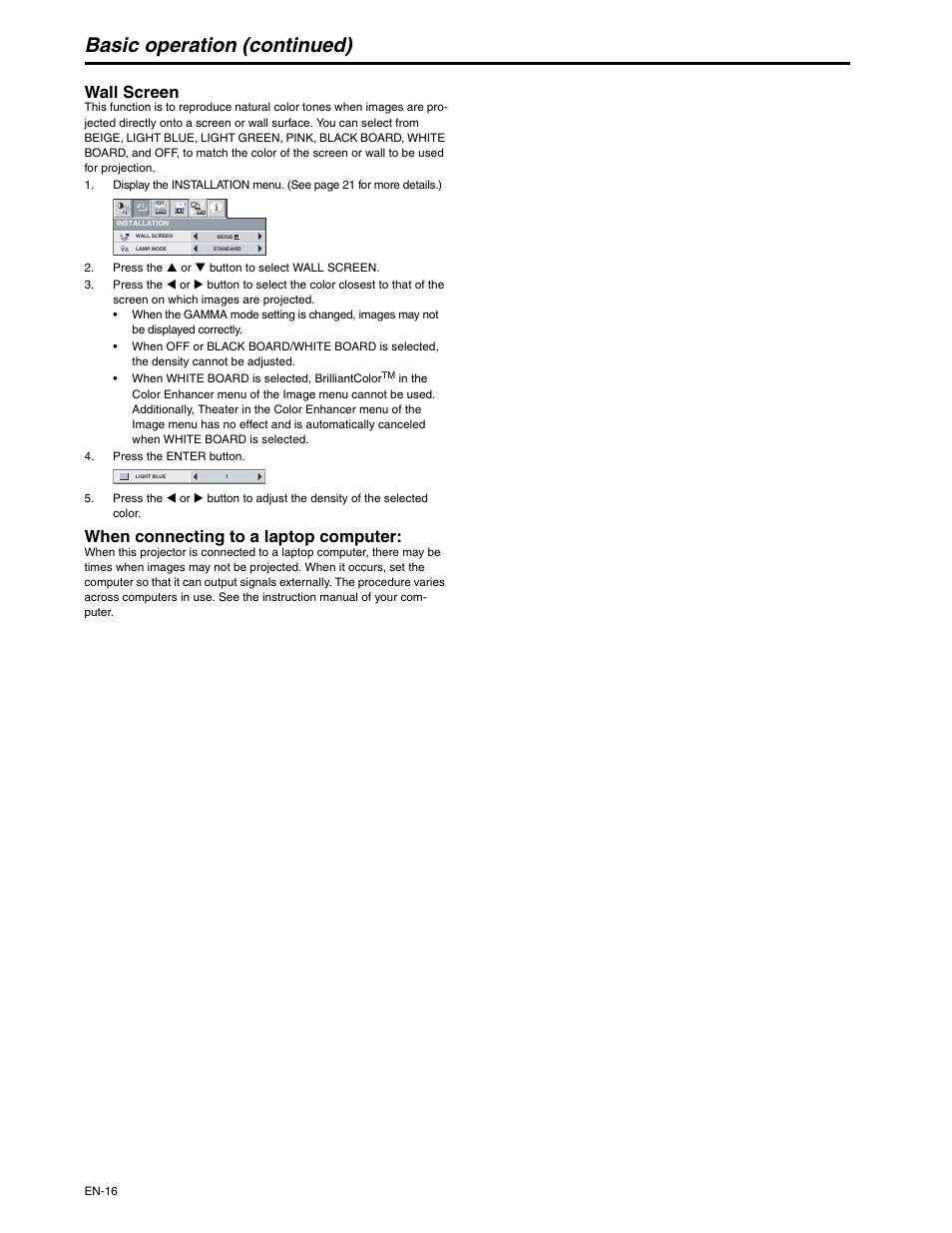 Basic operation (continued), Wall screen, When connecting to a laptop computer | MITSUBISHI ELECTRIC XD250U-ST User Manual | Page 16 / 42