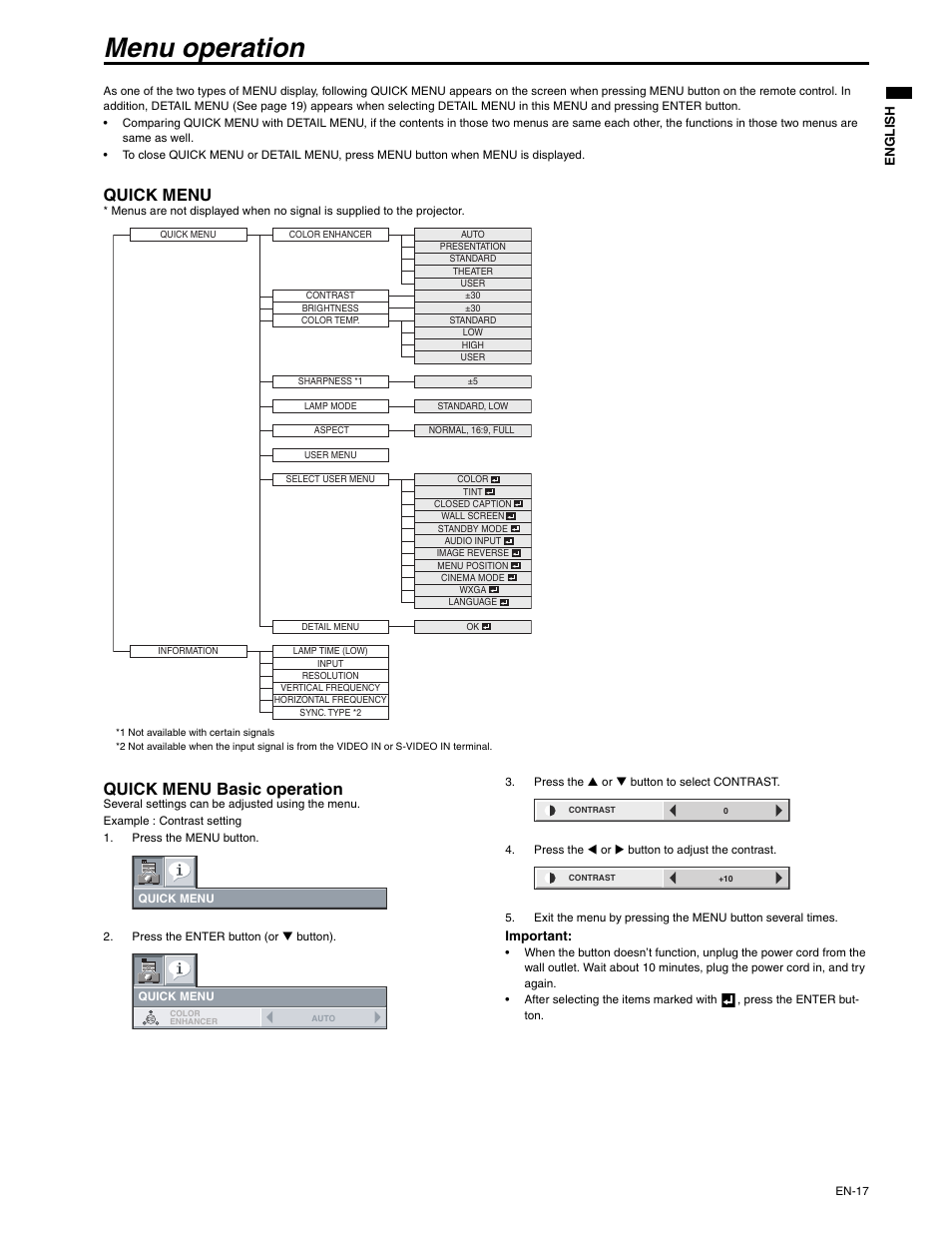 Menu operation, Quick menu, Quick menu basic operation | MITSUBISHI ELECTRIC XD250U-ST User Manual | Page 17 / 42