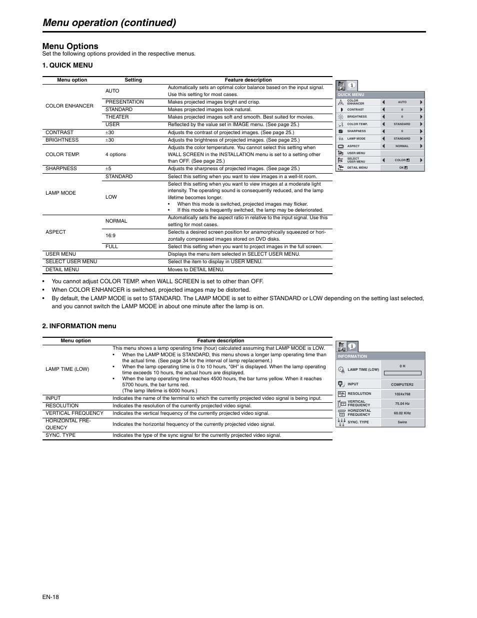 Menu operation (continued), Menu options, Quick menu | Information menu | MITSUBISHI ELECTRIC XD250U-ST User Manual | Page 18 / 42