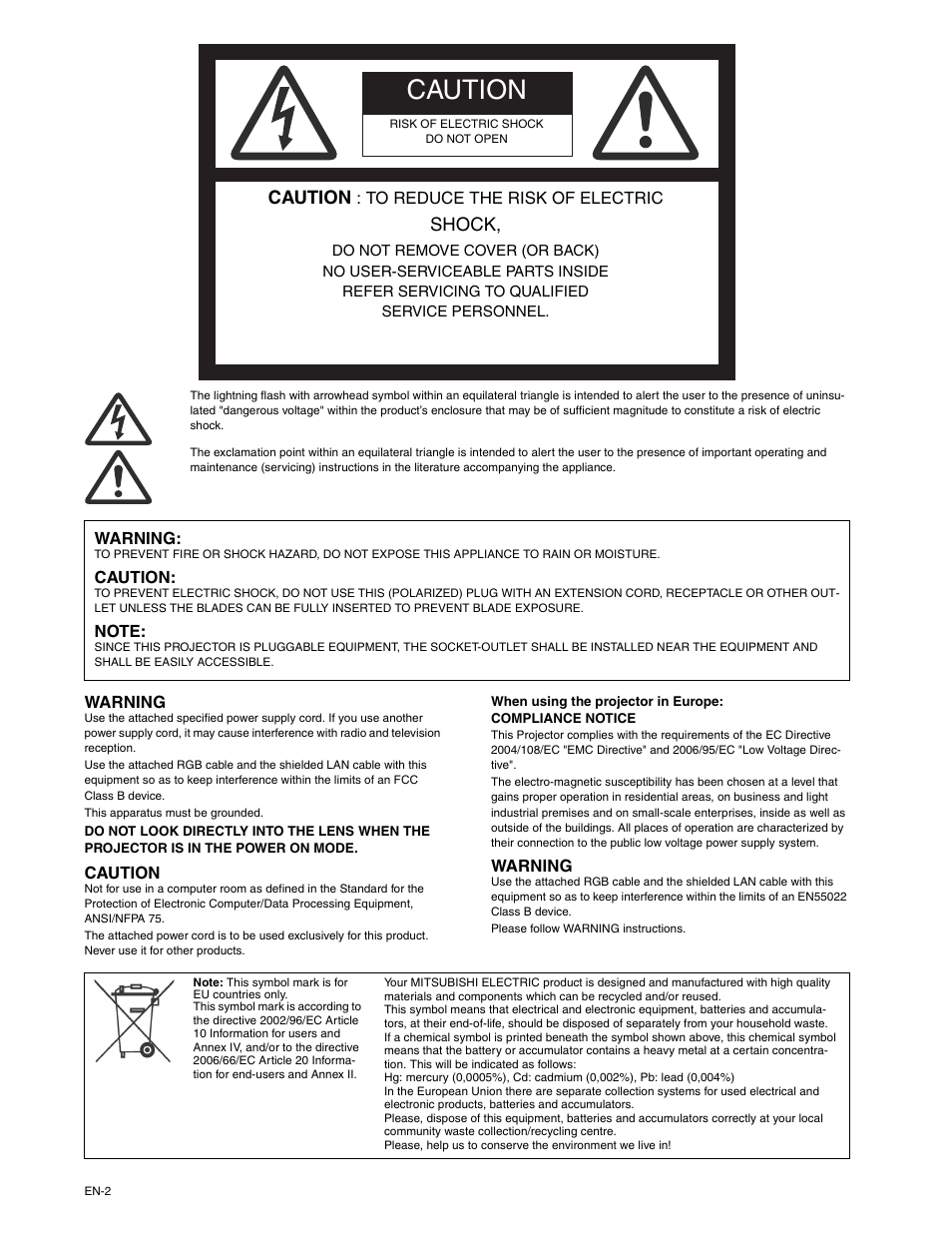 Caution, Shock | MITSUBISHI ELECTRIC XD250U-ST User Manual | Page 2 / 42