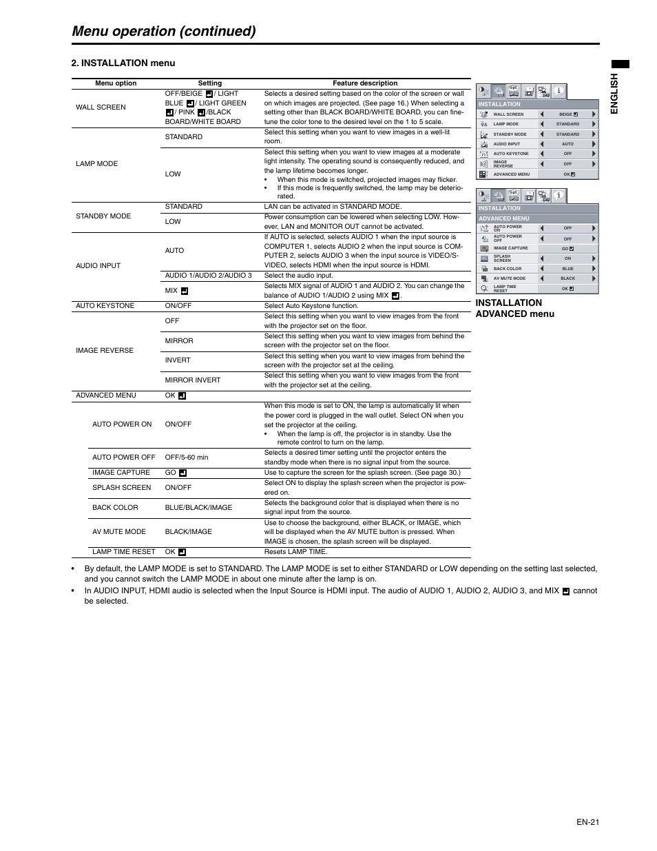 Menu operation (continued), En g l is h, Installation menu | Installation advanced menu | MITSUBISHI ELECTRIC XD250U-ST User Manual | Page 21 / 42