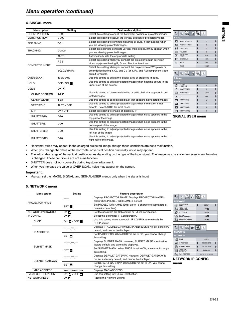 Menu operation (continued), En g l is h, Singal menu | Important, Network menu, Signal user menu, Network ip config menu | MITSUBISHI ELECTRIC XD250U-ST User Manual | Page 23 / 42