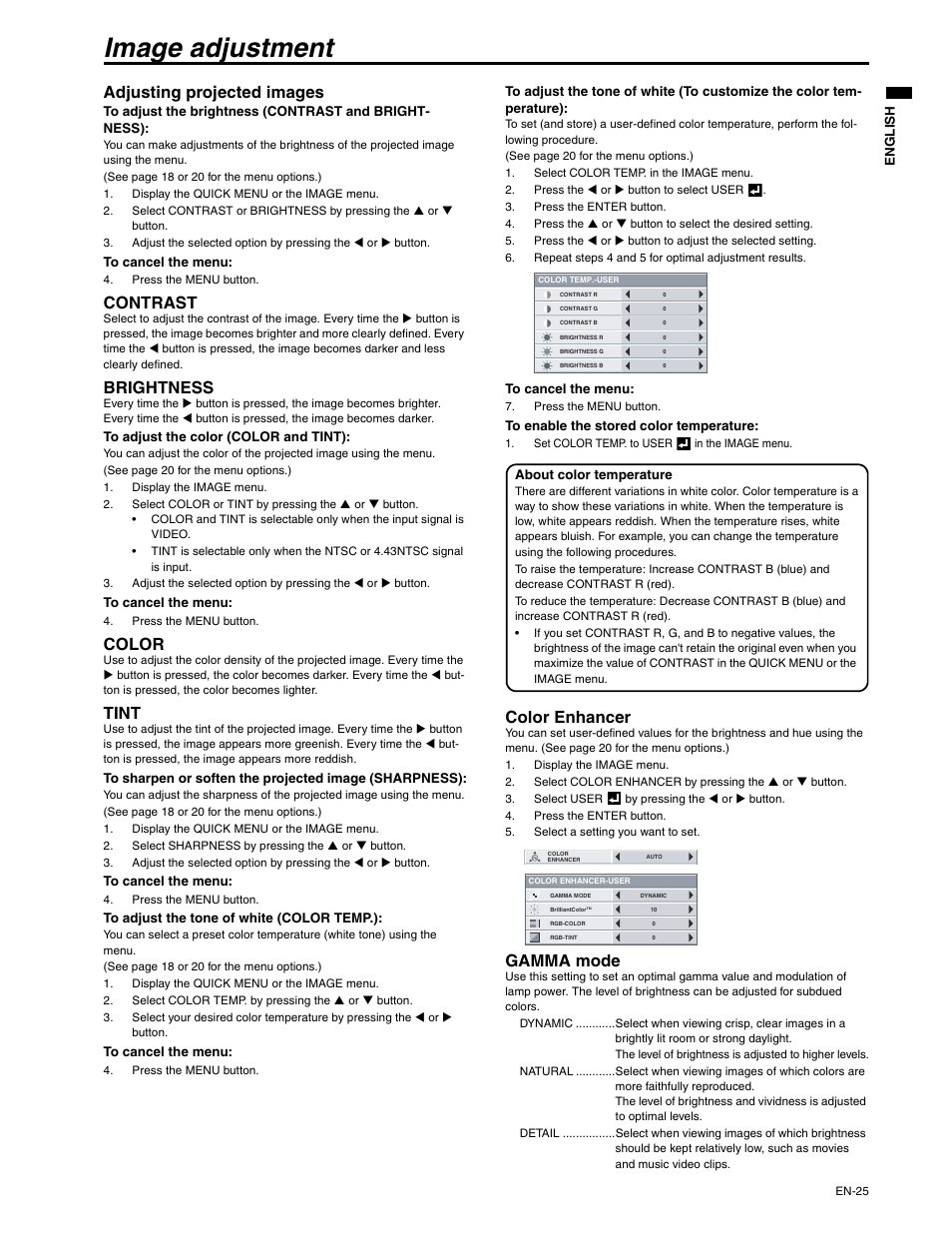 Image adjustment, Adjusting projected images, Contrast | Brightness, Color, Tint, Color enhancer, Gamma mode | MITSUBISHI ELECTRIC XD250U-ST User Manual | Page 25 / 42