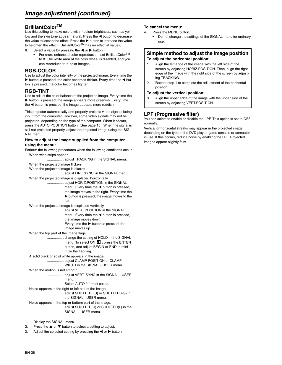 Image adjustment (continued), Brilliantcolor, Rgb-color | Rgb-tint, Simple method to adjust the image position, Lpf (progressive filter) | MITSUBISHI ELECTRIC XD250U-ST User Manual | Page 26 / 42