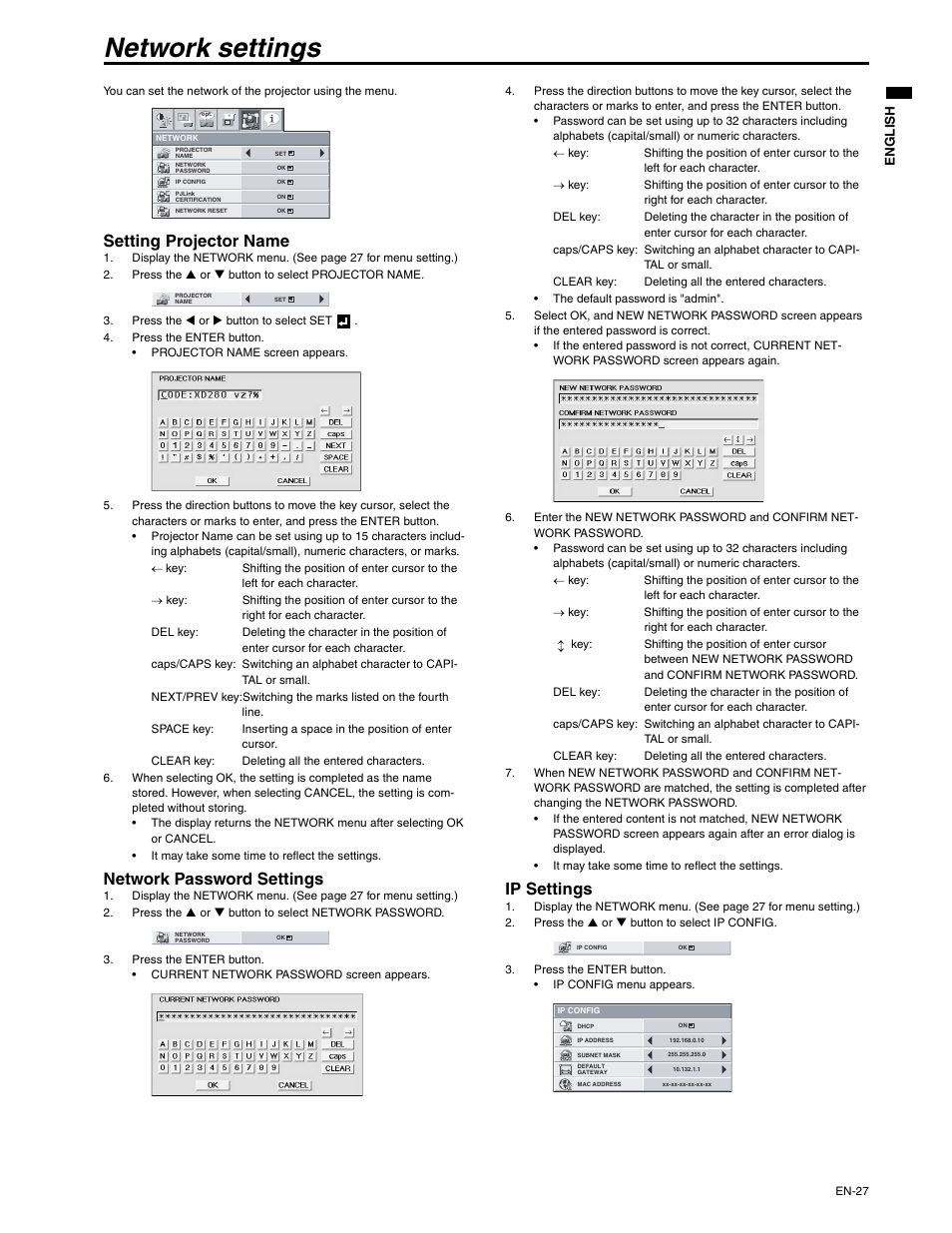 Network settings, Setting projector name, Network password settings | Ip settings | MITSUBISHI ELECTRIC XD250U-ST User Manual | Page 27 / 42