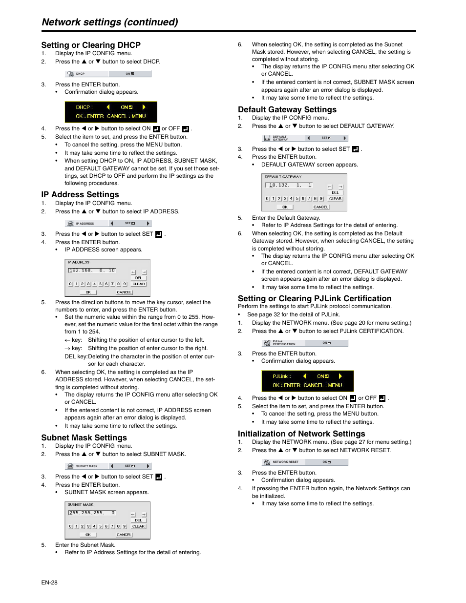 Network settings (continued), Setting or clearing dhcp, Ip address settings | Subnet mask settings, Default gateway settings, Setting or clearing pjlink certification, Initialization of network settings | MITSUBISHI ELECTRIC XD250U-ST User Manual | Page 28 / 42