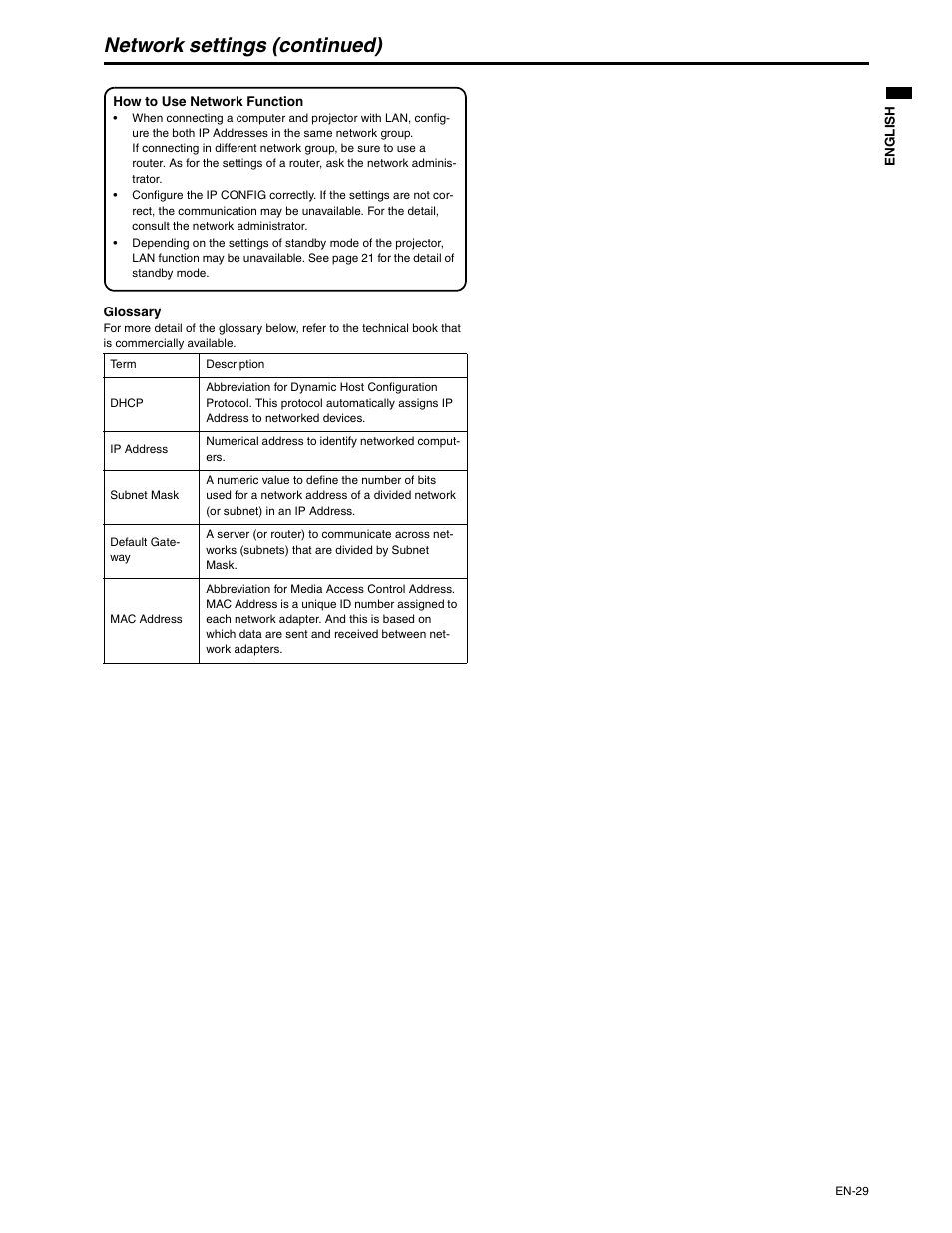 Network settings (continued) | MITSUBISHI ELECTRIC XD250U-ST User Manual | Page 29 / 42