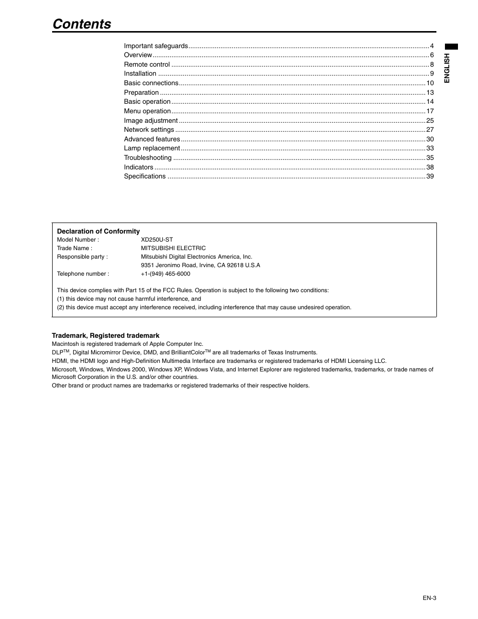 MITSUBISHI ELECTRIC XD250U-ST User Manual | Page 3 / 42