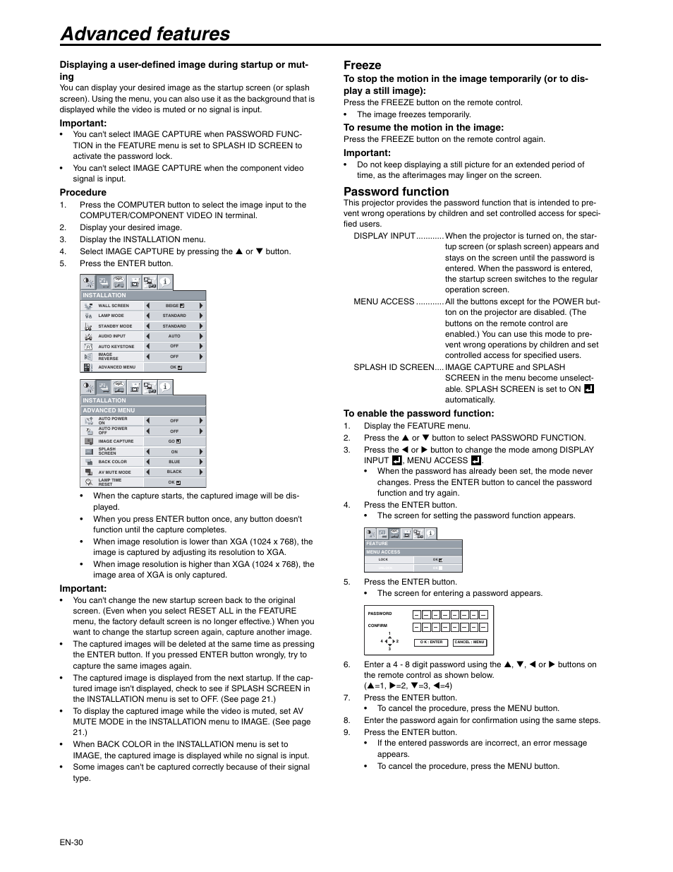 Advanced features, Freeze, Password function | Important, Procedure | MITSUBISHI ELECTRIC XD250U-ST User Manual | Page 30 / 42