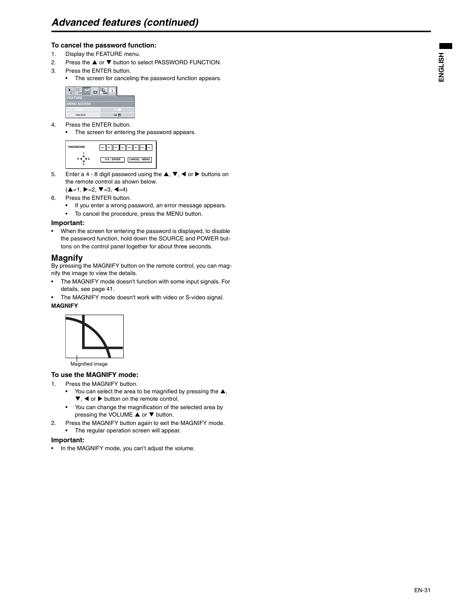 Advanced features (continued), Magnify | MITSUBISHI ELECTRIC XD250U-ST User Manual | Page 31 / 42