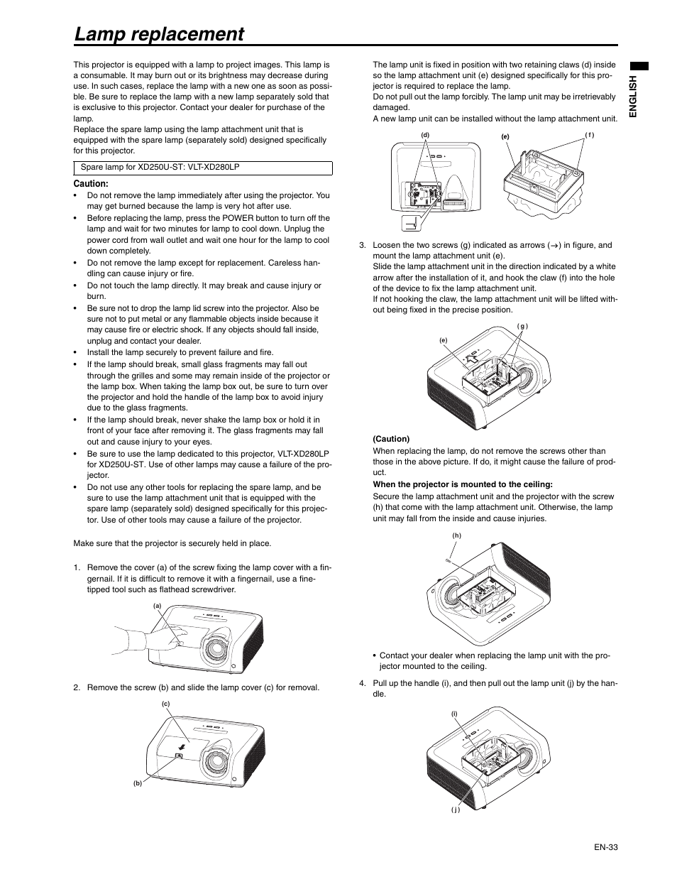 Lamp replacement | MITSUBISHI ELECTRIC XD250U-ST User Manual | Page 33 / 42