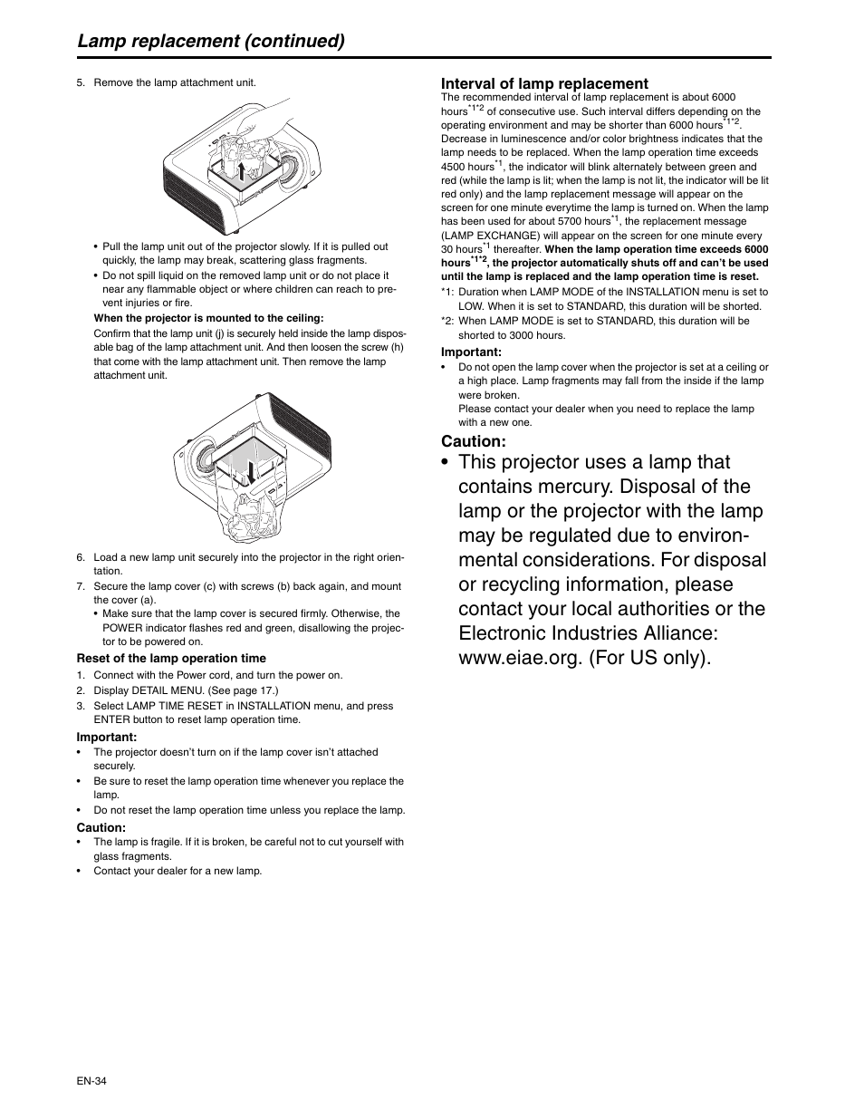 Lamp replacement (continued), Caution, Interval of lamp replacement | MITSUBISHI ELECTRIC XD250U-ST User Manual | Page 34 / 42