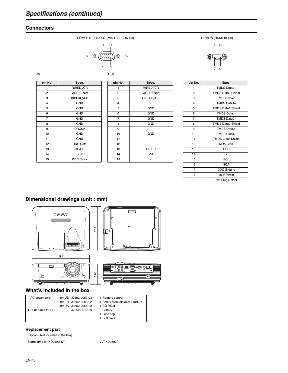 Specifications (continued) | MITSUBISHI ELECTRIC XD250U-ST User Manual | Page 40 / 42